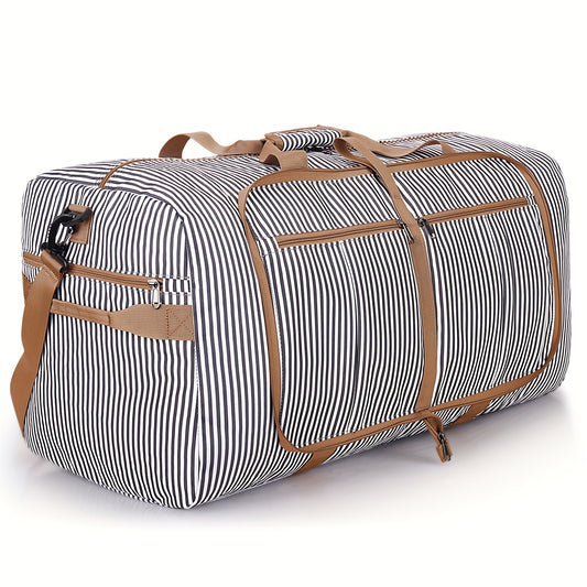 [Large Foldable Duffel Bag] 31.7 Gallon Large Foldable Duffel Bag | Durable Sporty Unisex Weekend Getaway Bag with Shoe Compartment, Multi-Pocket Organizer, Black & White Striped Design, Easy Care, Sturdy Handles & Adjustable