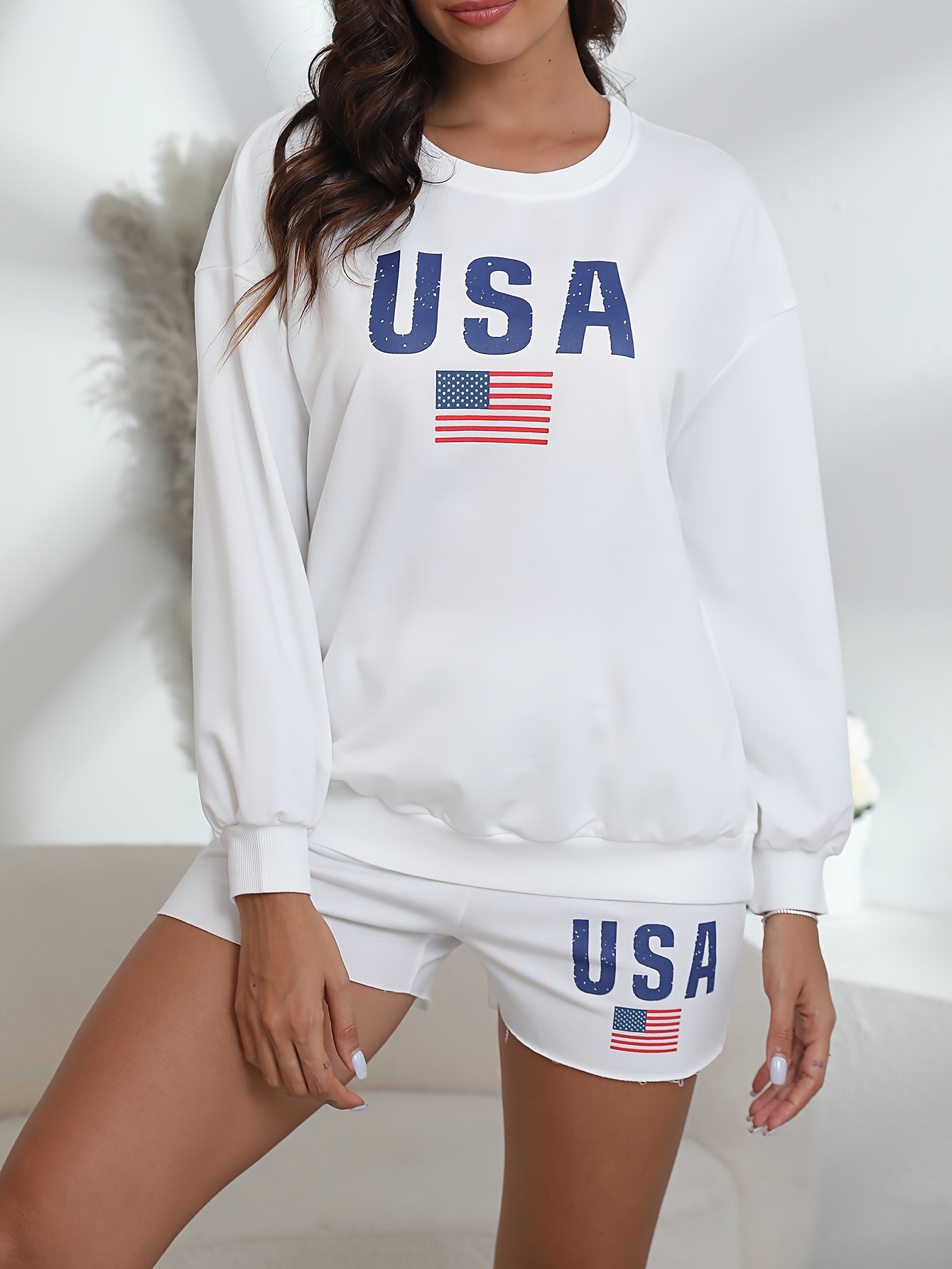 Patriotic USA Flag Women's Sweatshirt and Shorts Outfit Set