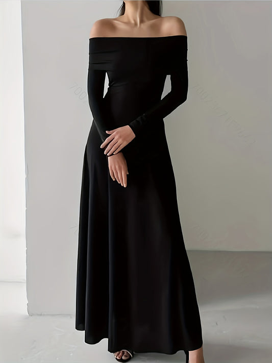 1pc Elegant French Knit Dress for Women, Casual Off-Shoulder Long Dress, Polyester Fiber, Solid Color, Slim Fit, Spring/Autumn Season, Adult - 180g/m² Lightweight Fabric