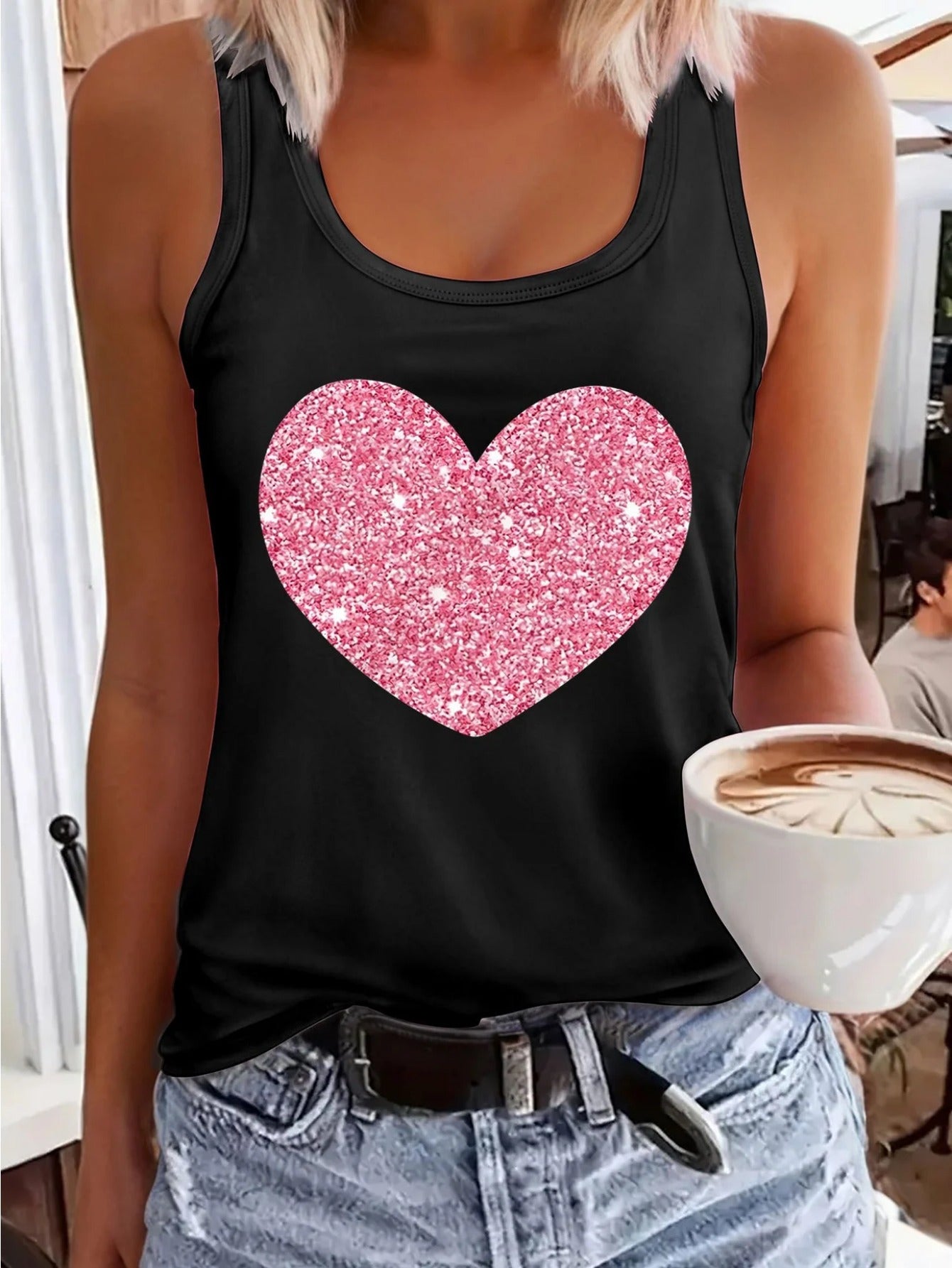 1pc Women's Pink Sleeveless Vest, Sparkling Red Heart And Star Print, Printed Pattern, Non Sequined - Casual Summer And Spring Top, Round Neck, Machine Washable Comfortable Fabric