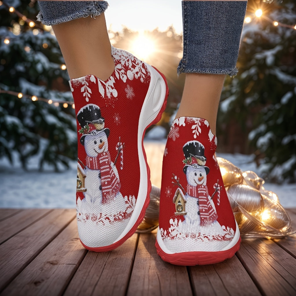 1 Pair Festive Christmas Print Slip-On Sneakers for Women, Breathable Fabric Upper, PU Synthetic Sole, Casual Low-Top Walking Shoes for All Seasons