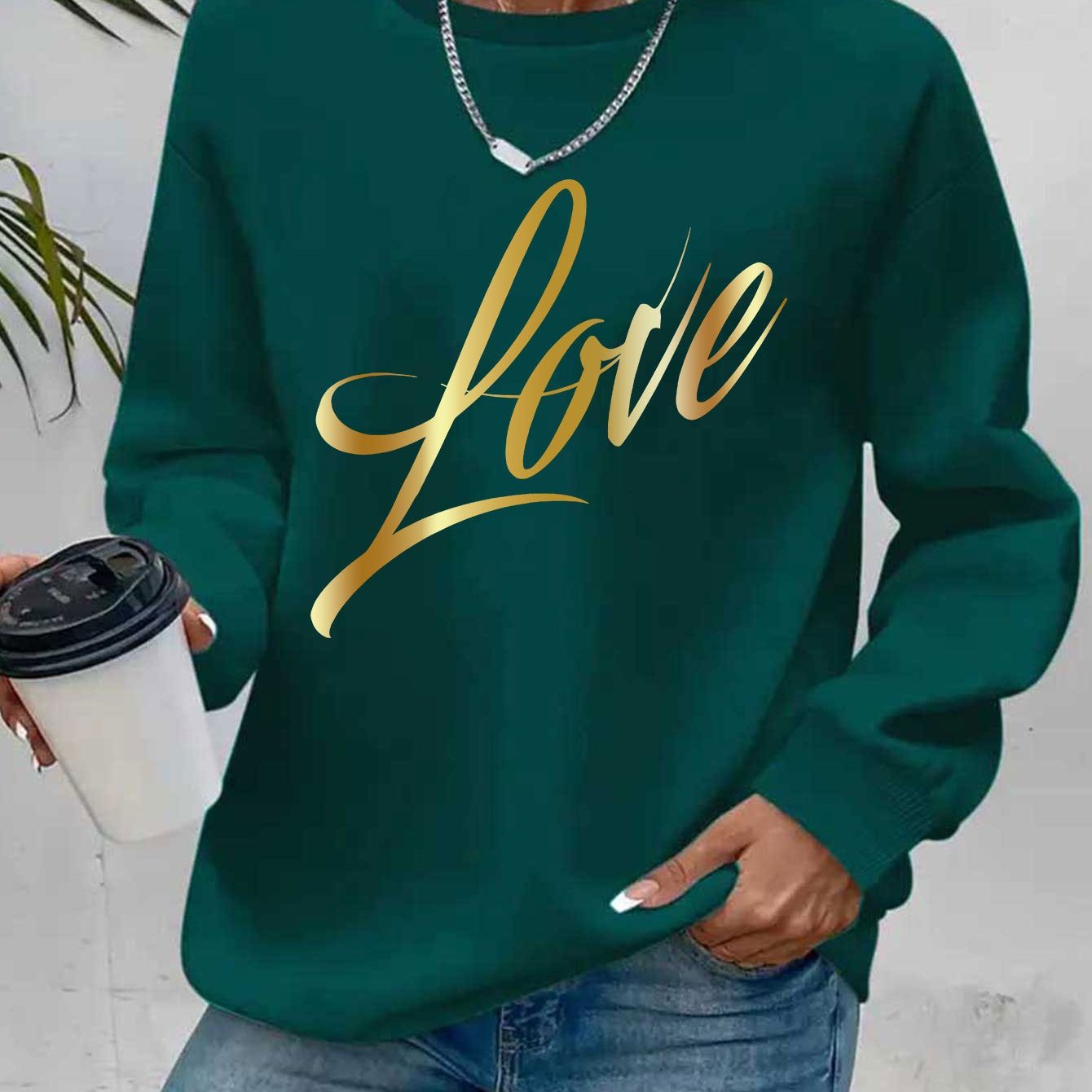 Casual Crew Neck Sweatshirt With Love Letter Graphic Print