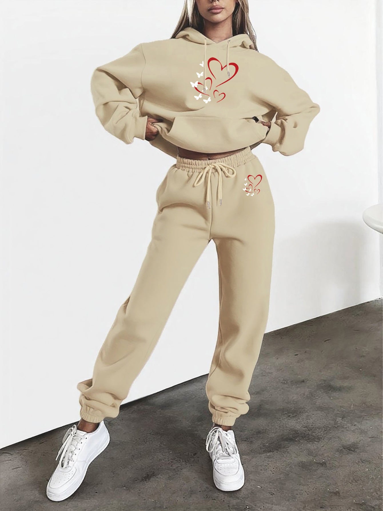 Heart And Butterfly Print Hooded Sweatshirt And Pants Set