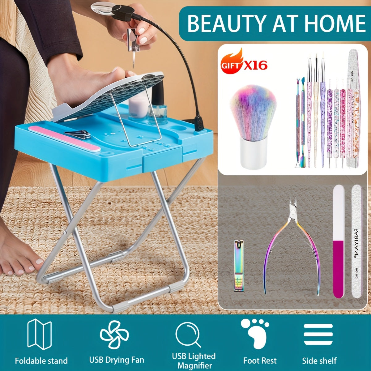 1pc ABS Adjustable Pedicure Stool With LED Magnifier, Drying Fan & Built-in Storage-with 16/19pcs Nail Tools, Home Nail Pedal, Suitable For Trimming Nails, Polishing Nails, Perfect Footrest For Easy At-Home Pedicures, Ideal G