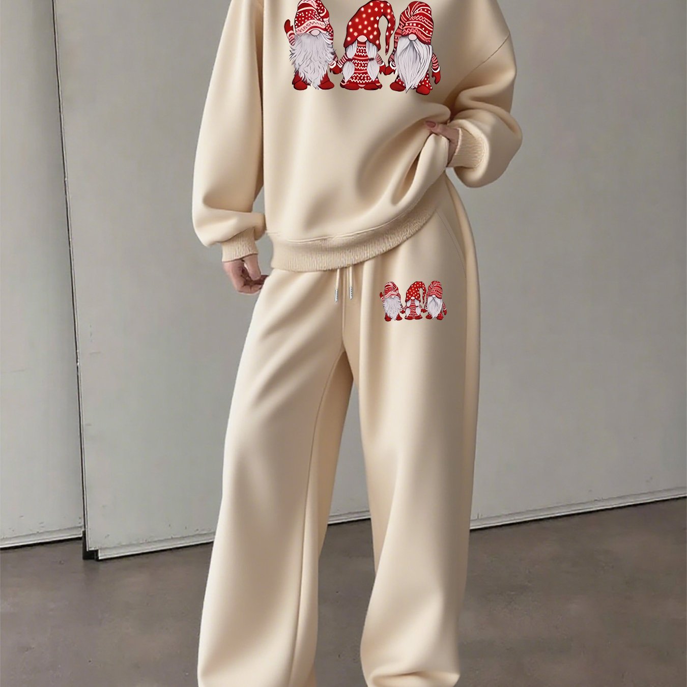 Women'S Cozy Fleece-Lined Sweatshirt and Pants Set - Casual Crew Neck, Long Sleeve, Drawstring Waist, with Red & Santa Hat Print, Perfect for Fall/Winter, Winter Clothing | Casual Style | Fleece Lined Sweatshirt