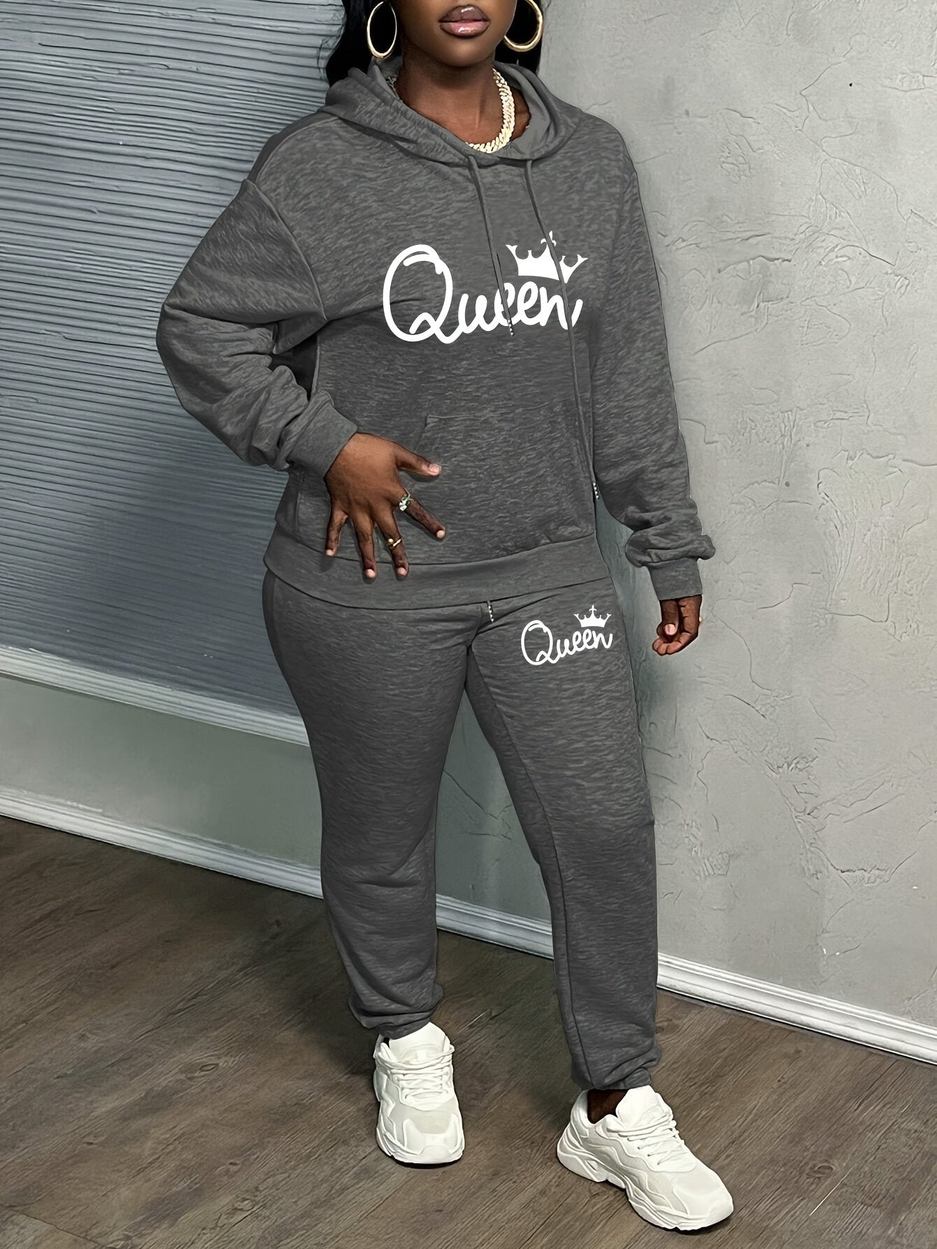 Letter Print Two Piece Hoodie And Pants Set Polyester Women