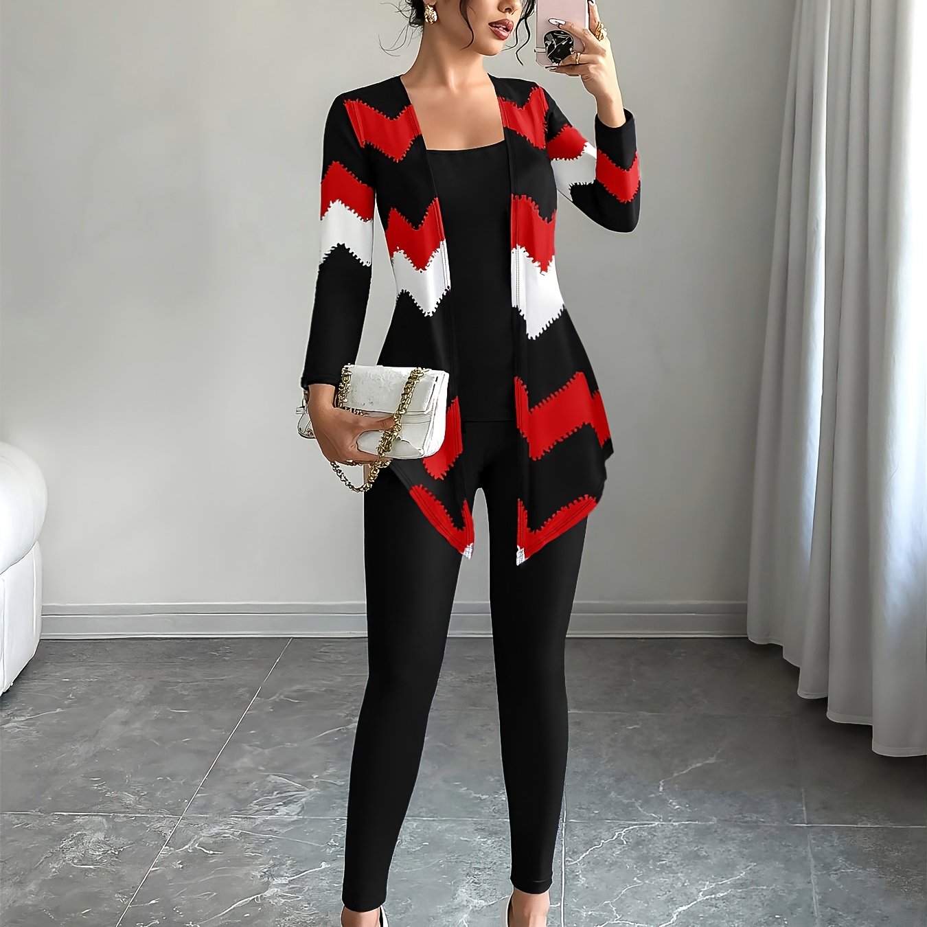 Casual Women Set With Camisole Leggings Chevron Cardigan