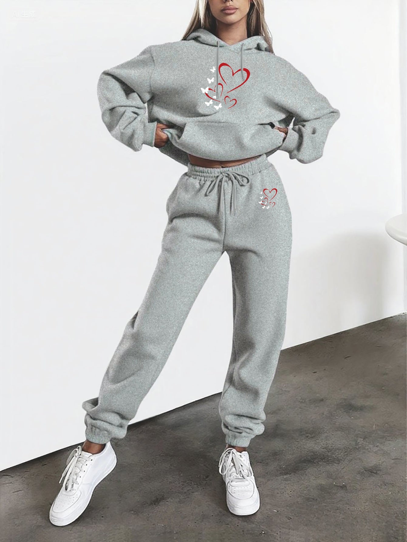 Heart And Butterfly Print Hooded Sweatshirt And Pants Set