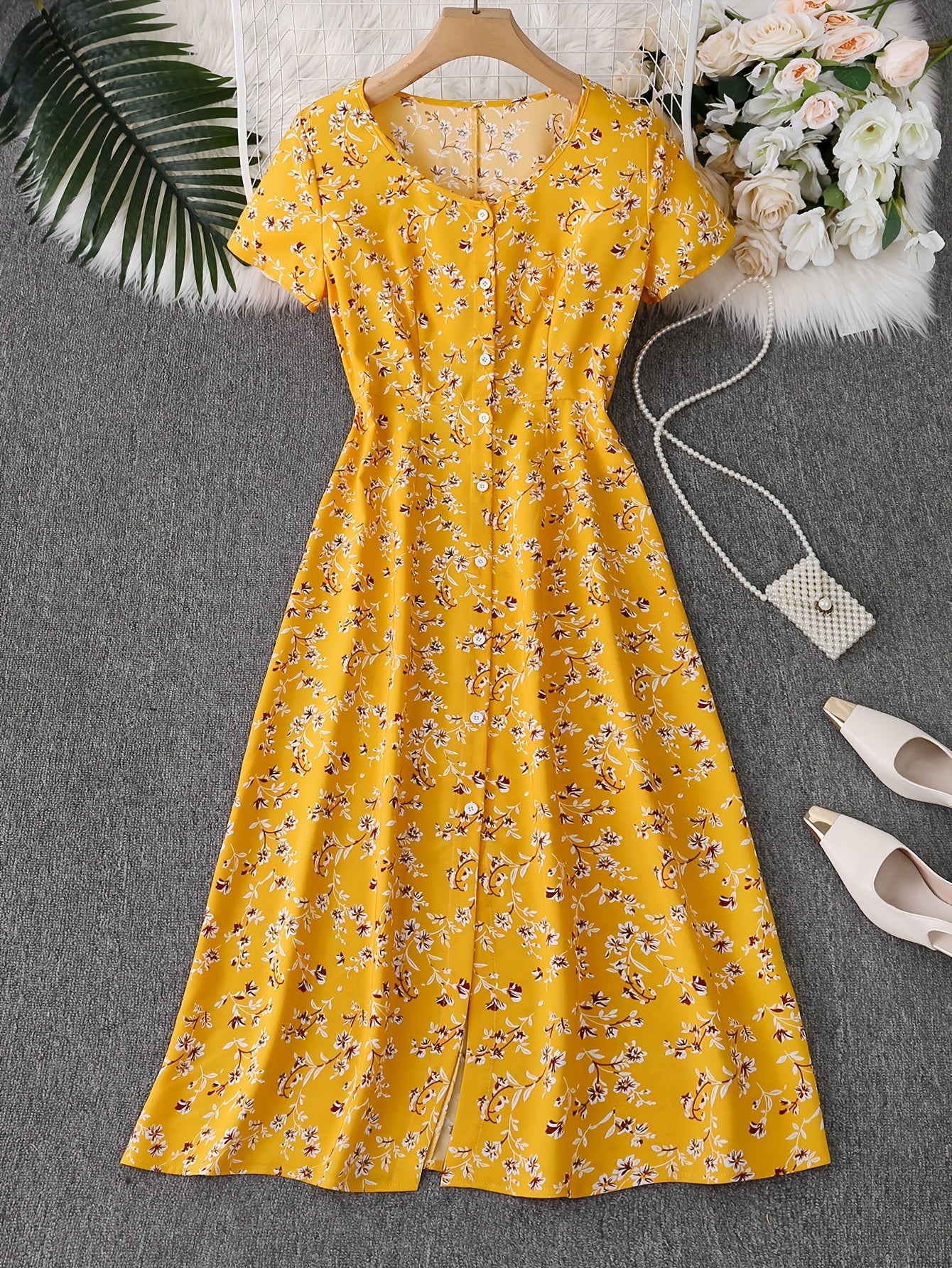 Elegant Floral Print Button-Up Dress for Women