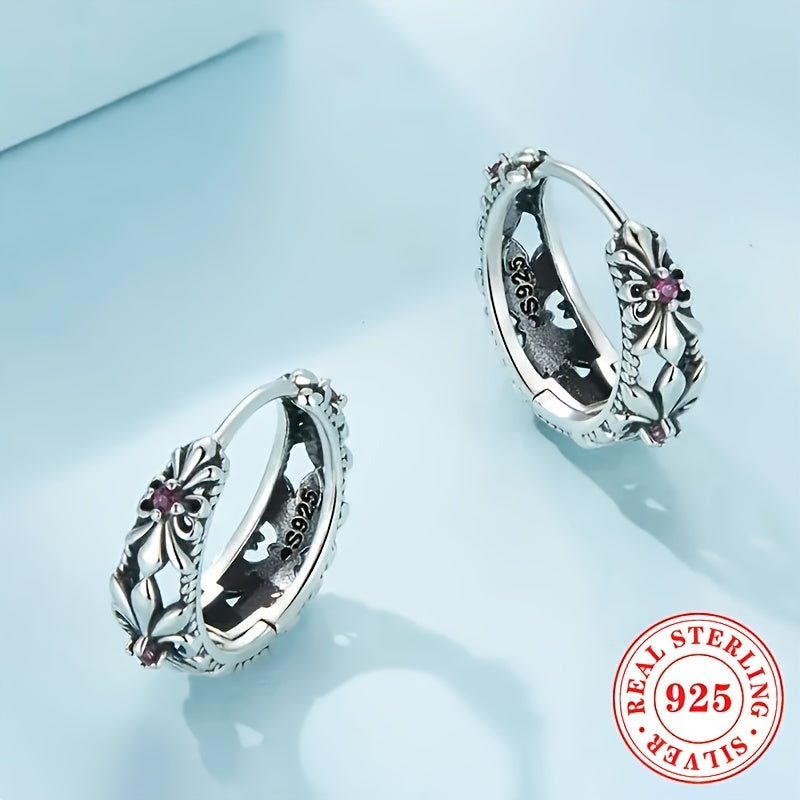 Bohemian Style Flower Inlaid Sterling Silver Hoop Earrings
