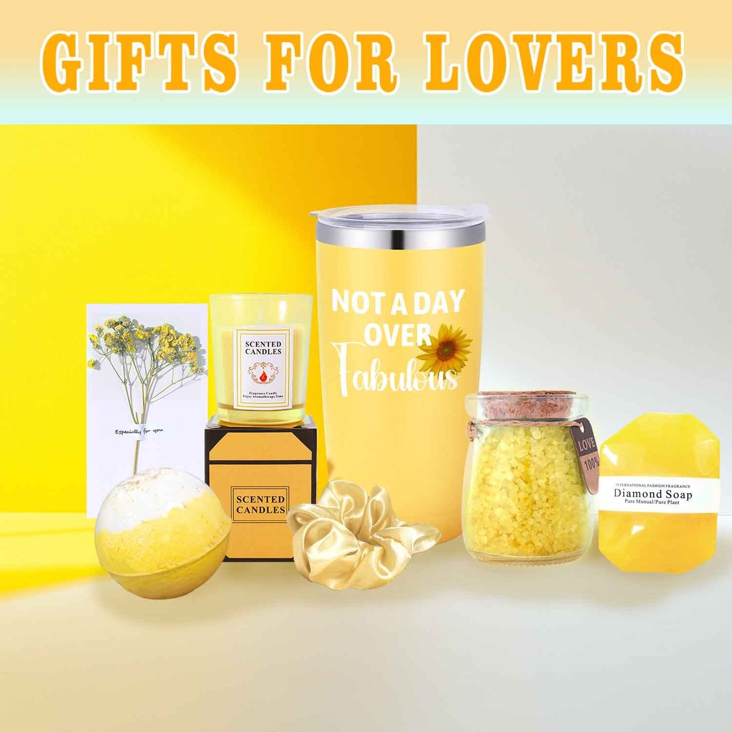 8pcs Fabulous Yellow Gift Set for Women - Includes Insulated Tumbler, Greeting Card, Hair Tie, Scented Candle, Bath Salts, Bath Bomb, Soap, and Elegant Gift Box - Perfect for Christmas & Thanksgiving, Gift Set, Scented Candle