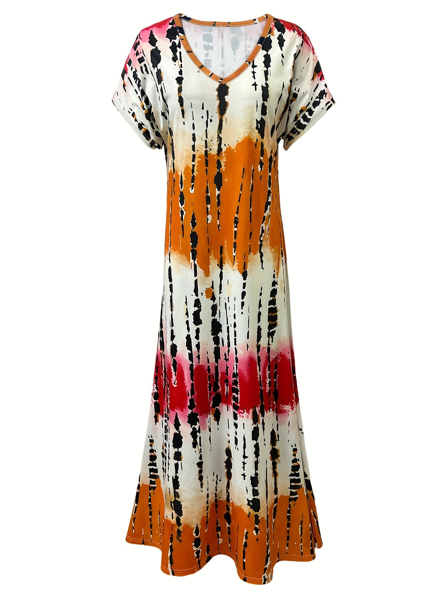 Tie Dye V Neck Dress with Elegant Split Short Sleeves