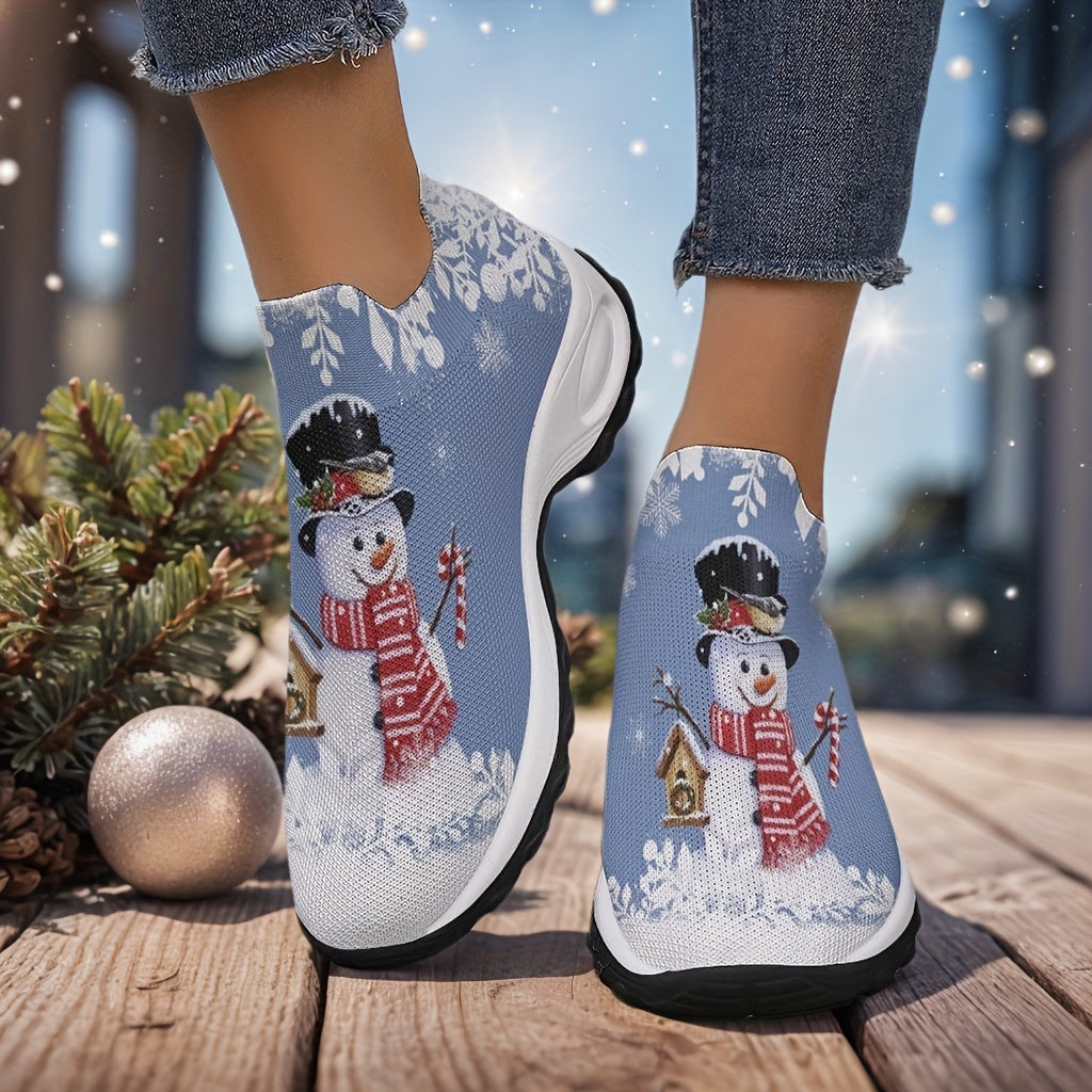 1 Pair Festive Christmas Print Slip-On Sneakers for Women, Breathable Fabric Upper, PU Synthetic Sole, Casual Low-Top Walking Shoes for All Seasons