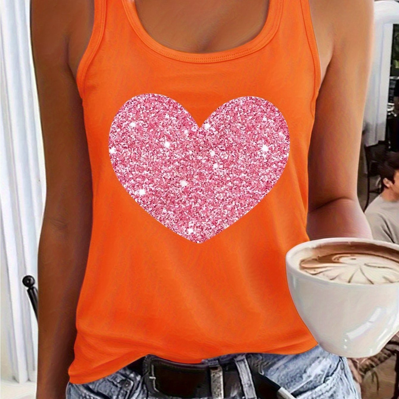 1pc Women's Pink Sleeveless Vest, Sparkling Red Heart And Star Print, Printed Pattern, Non Sequined - Casual Summer And Spring Top, Round Neck, Machine Washable Comfortable Fabric