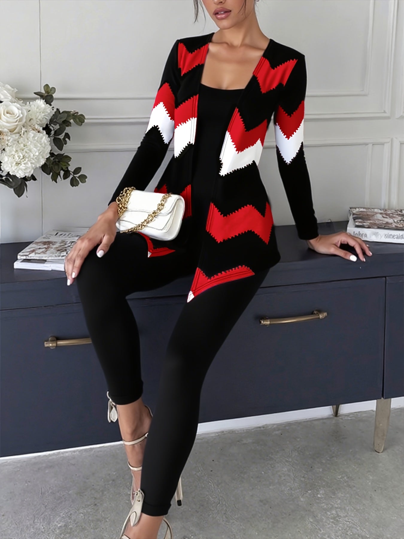 Casual Women Set With Camisole Leggings Chevron Cardigan