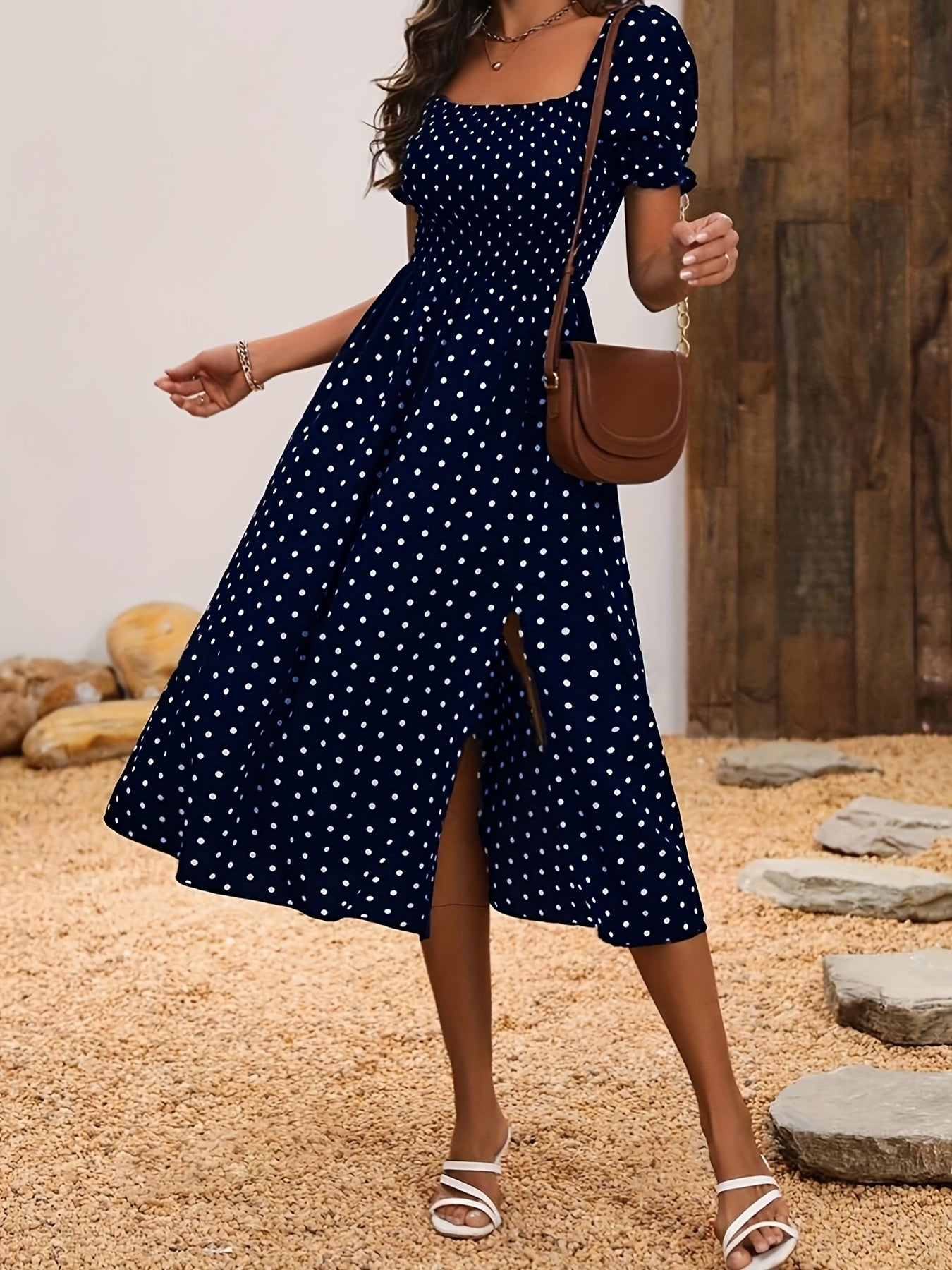 Elegant Off-Shoulder Red & White Polka Dot Mum Dress with Shirred Waist - Chic Summer Two-Way Wear for Women, Off Shoulder Dress