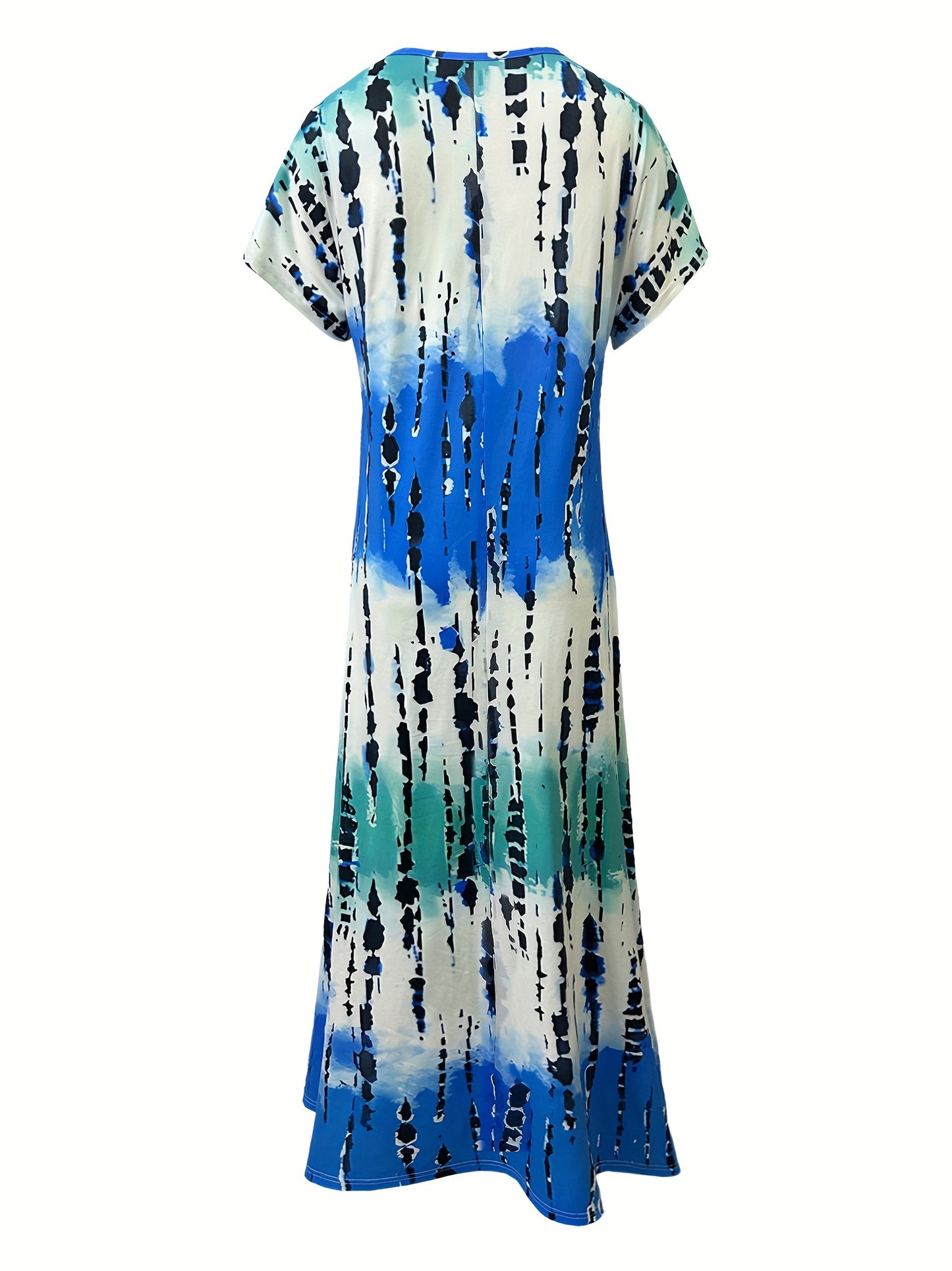Tie Dye V Neck Dress with Elegant Split Short Sleeves