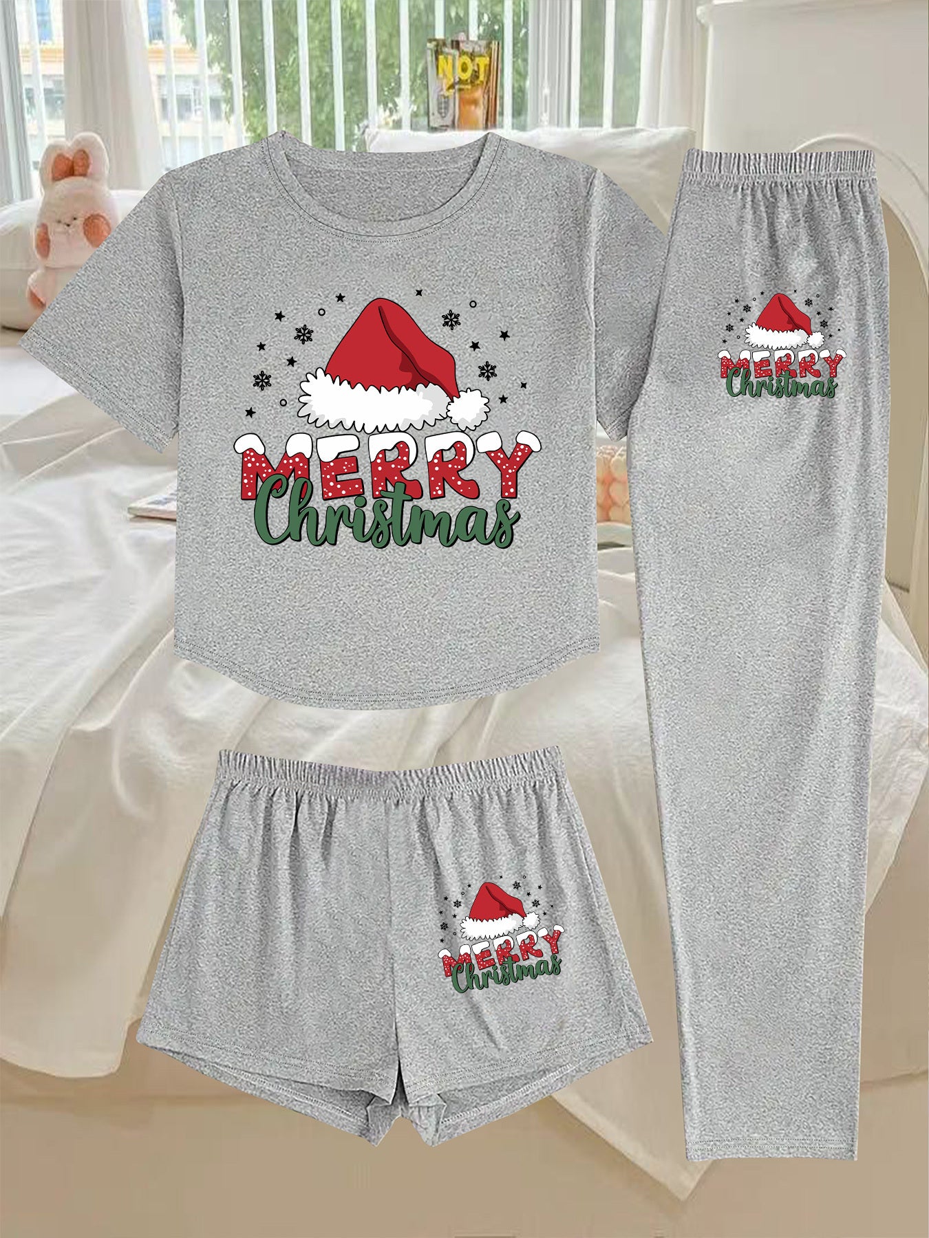 3pcs Women's Christmas Pajama Set - Black & Red Short Sleeve T-Shirt, Shorts & Lounge Pants with White Elastic Waistband - Holiday Sleepwear & Casual Outfit, Machine Washable Spring/Summer Pajamas for & Women