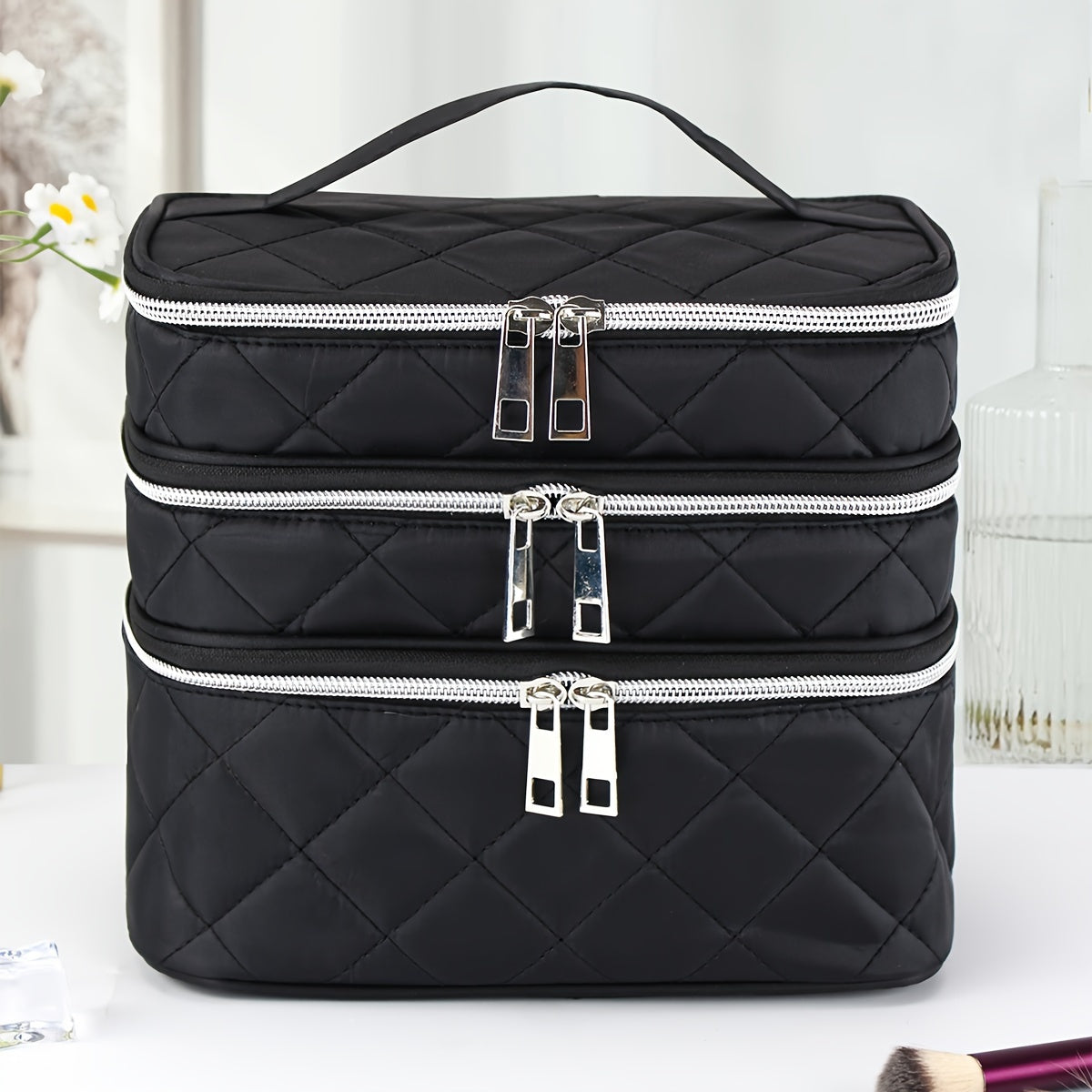 Stylish Large Capacity Diamond Cosmetic Bag Three Layers