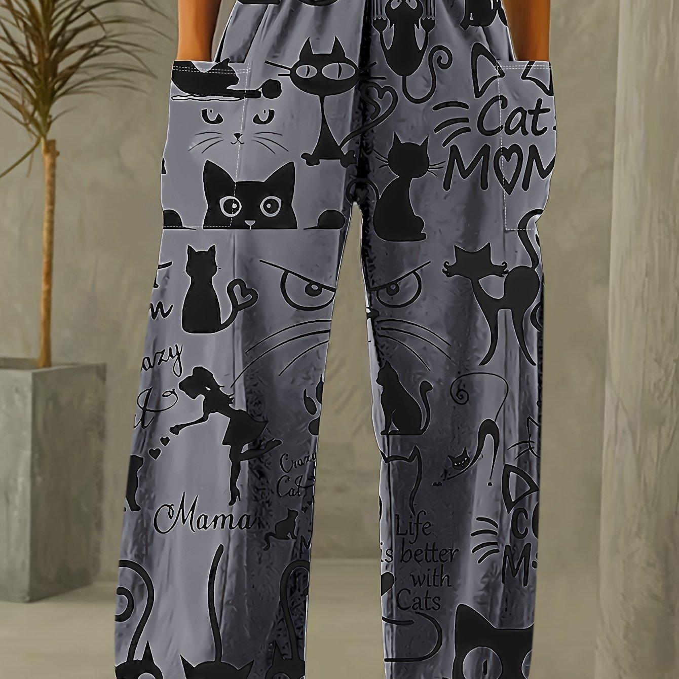 Women's Vintage Cat Print Loose-Fit Straight Leg Pants