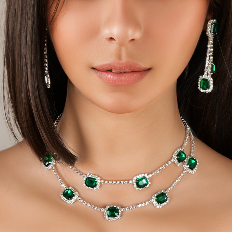 Bridal Rhinestone Necklace and Earrings Set Multi Layer