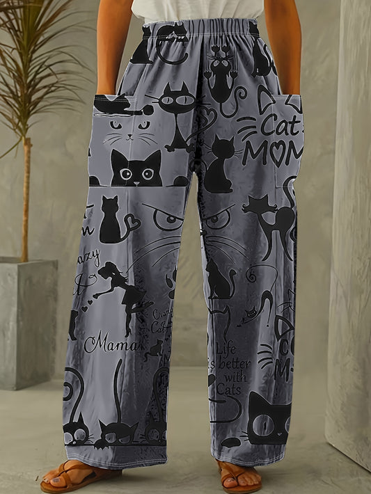 Women's Vintage Cat Print Loose-Fit Straight Leg Pants