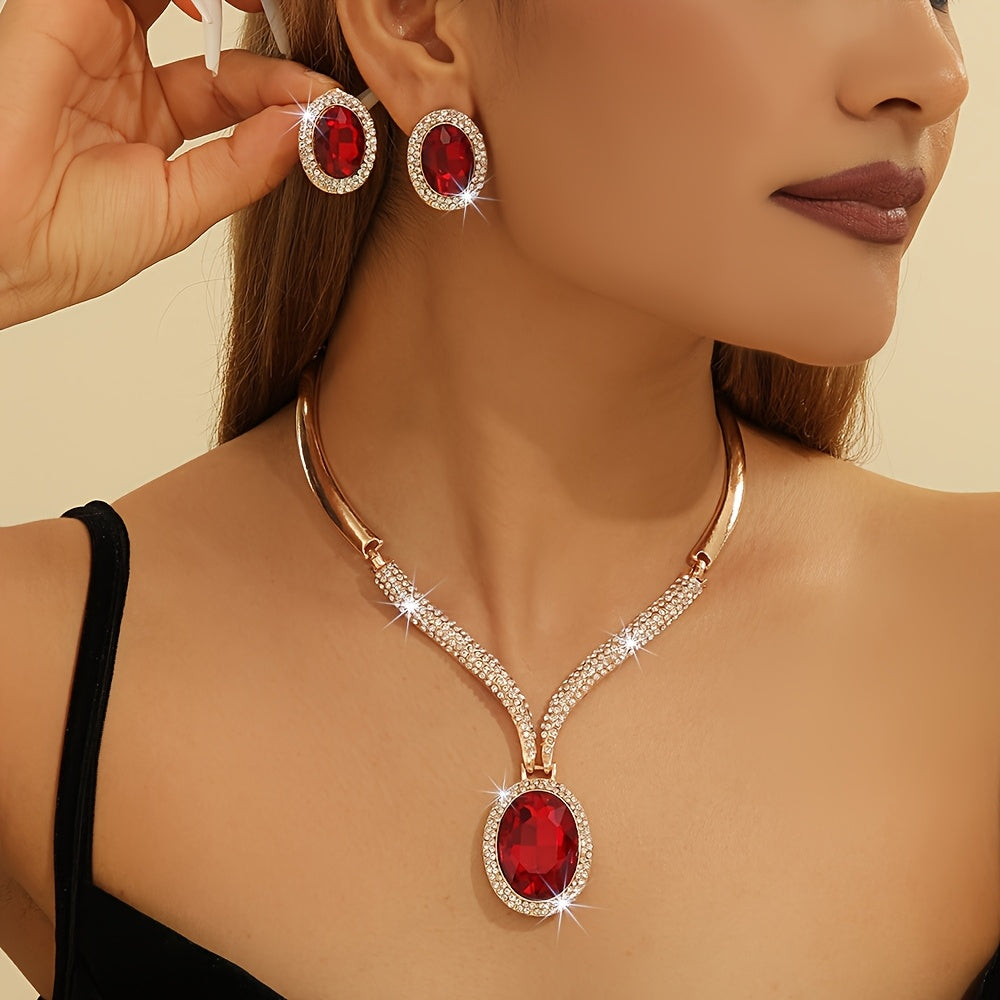 Middle Eastern Red Sparkling Crystal Two-Piece Jewelry Set for Women