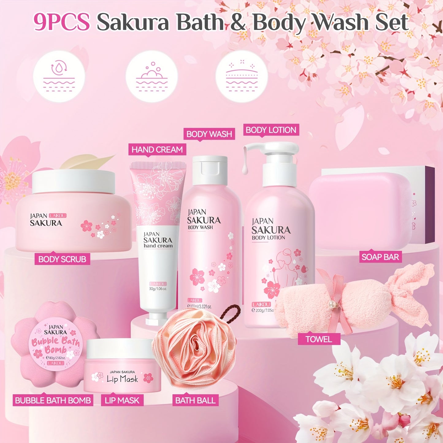 Sakura Body Bath Sets for Women Gift with Body Wash, Lotion, Soap, Bath Bomb, Scrub, Hand Cream & Lip Mask, Travel Essentials Skincare, Birthday Mother's Day Valentine's Day, Thanksgiving, And Christmas Gifts for Women
