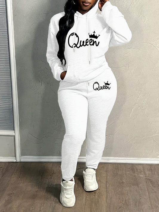 Letter Print Two Piece Hoodie And Pants Set Polyester Women