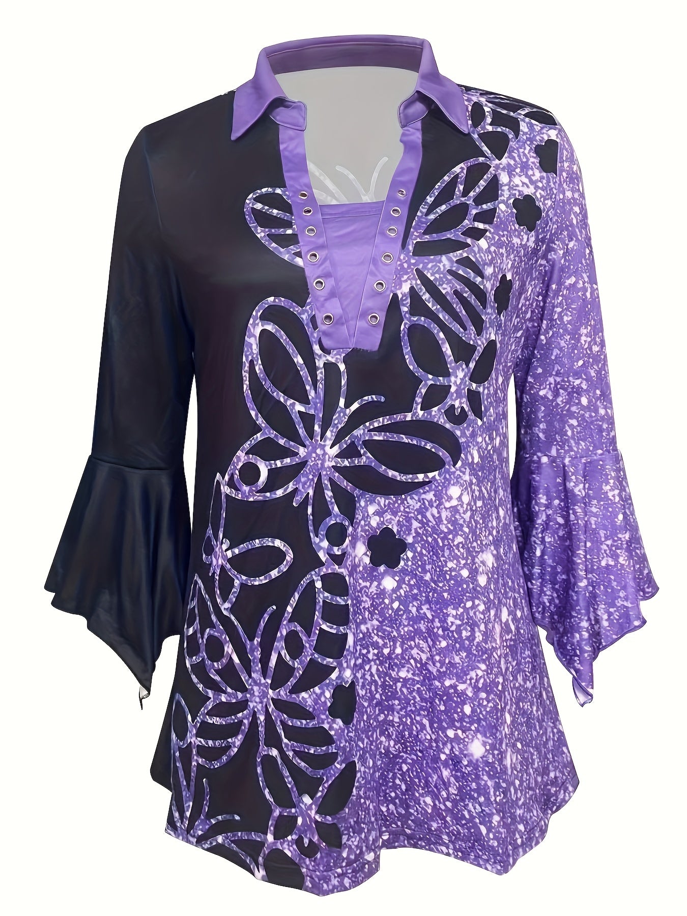 Women Floral Glitter Button Up Collared Long Sleeve Top