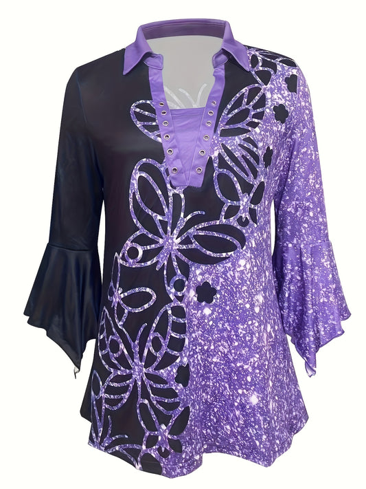 Women Floral Glitter Button Up Collared Long Sleeve Top