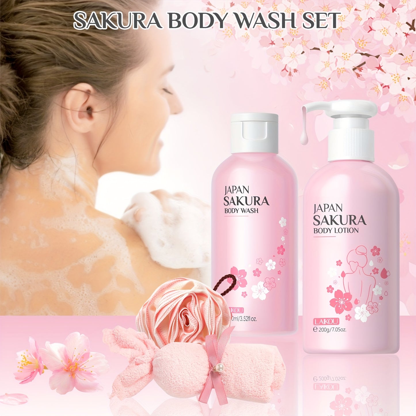 Sakura Body Bath Sets for Women Gift with Body Wash, Lotion, Soap, Bath Bomb, Scrub, Hand Cream & Lip Mask, Travel Essentials Skincare, Birthday Mother's Day Valentine's Day, Thanksgiving, And Christmas Gifts for Women