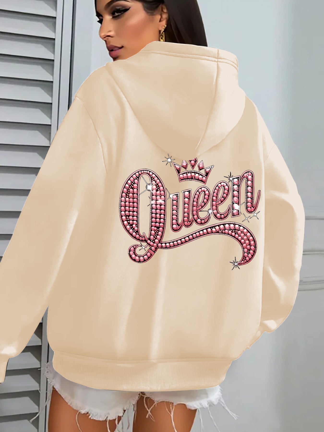 Pink Queen Graphic Hoodie Zipper Jacket Rhinestone Letters