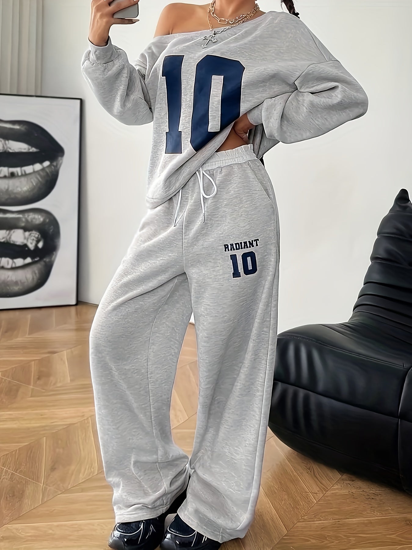 New Women's Two-Piece Set: Fashion Casual Thickened Loose Round Neck Minimalist Digital Print T-Shirt & Pants with Off-Shoulder Sweatshirt + Lace Drawstring Long Joggers