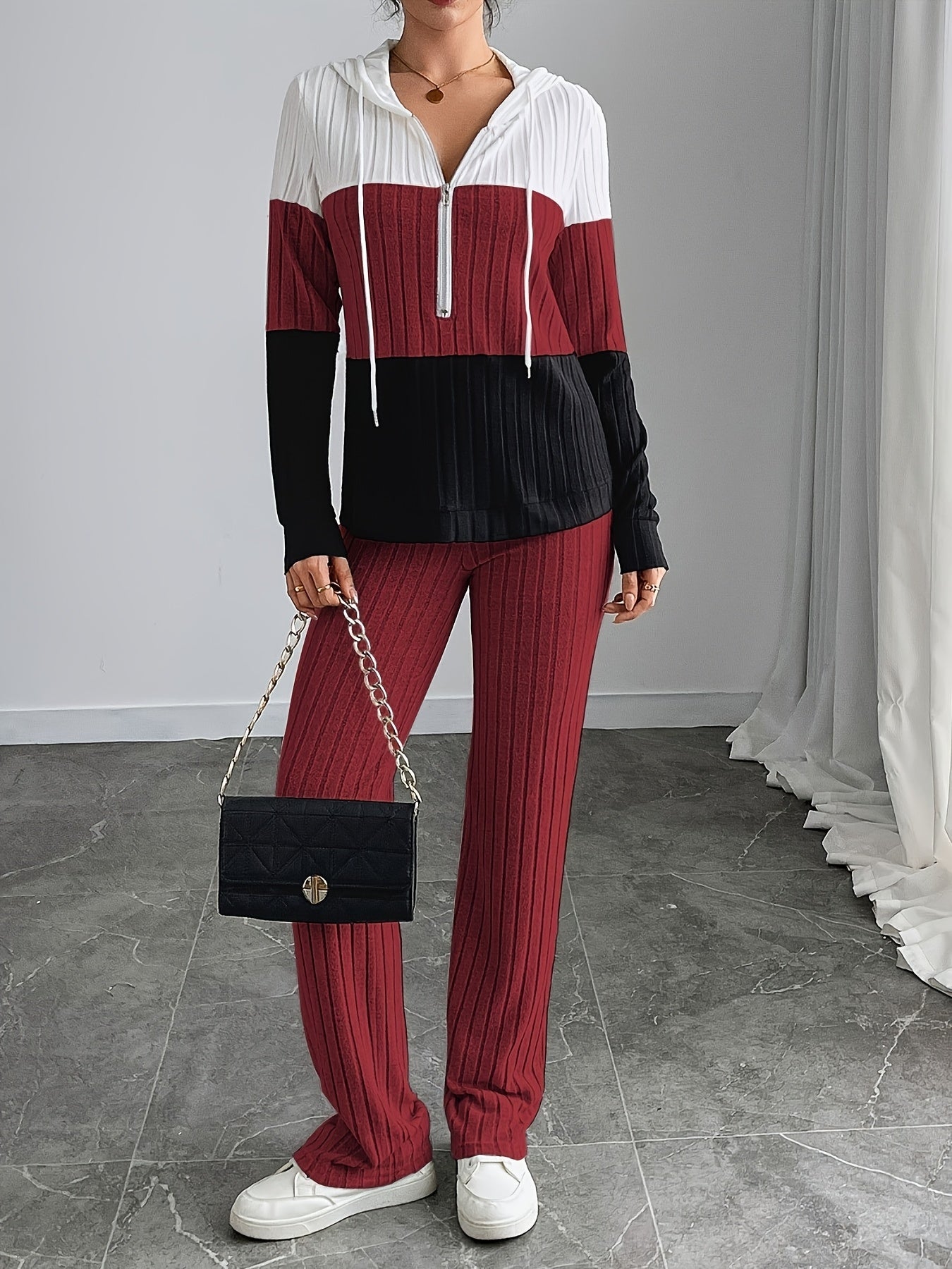 Women'S High-Waisted, Floor-Length Wide-Leg Pants Set with a Stylish And Casual Zip-Up Knit Design.