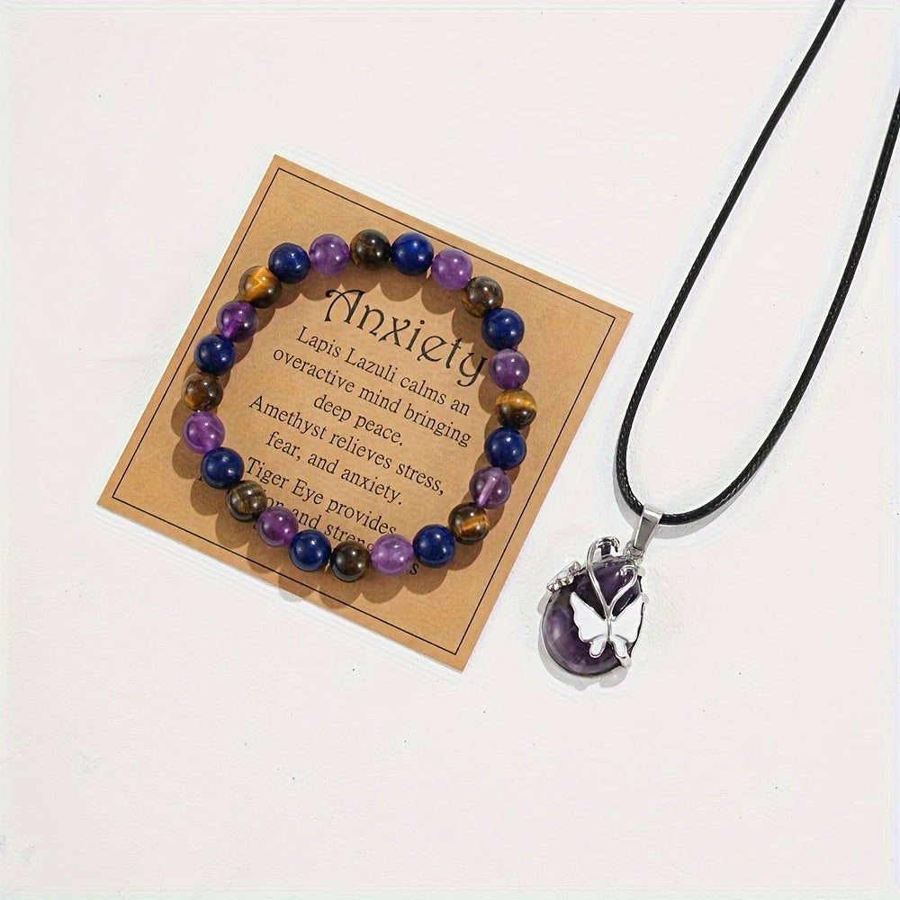 Gemstone Bracelet and Amethyst Butterfly Pendant Necklace Jewelry Set
