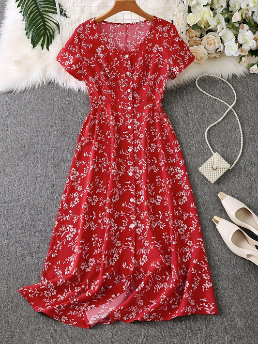 Elegant Floral Print Button-Up Dress for Women