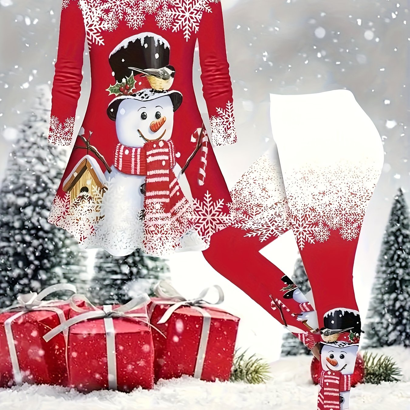 Women'S Christmas Outfit Set - Red & Snowflake Print Long Sleeve Top & Pants, Cozy Winter Warmth, Elegant Casual Style, Perfect for Holiday Parties, Christmas Outfit For Women, Christmas Outfit Women