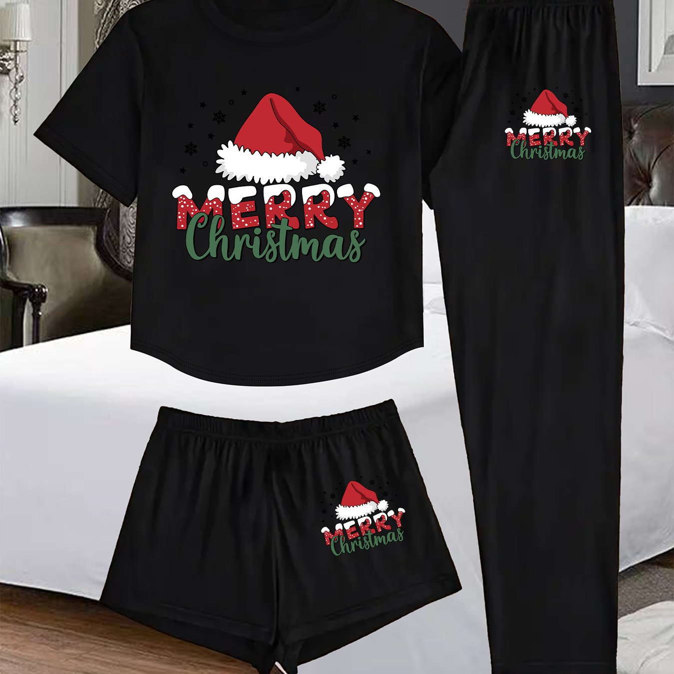 3pcs Women's Christmas Pajama Set - Black & Red Short Sleeve T-Shirt, Shorts & Lounge Pants with White Elastic Waistband - Holiday Sleepwear & Casual Outfit, Machine Washable Spring/Summer Pajamas for & Women