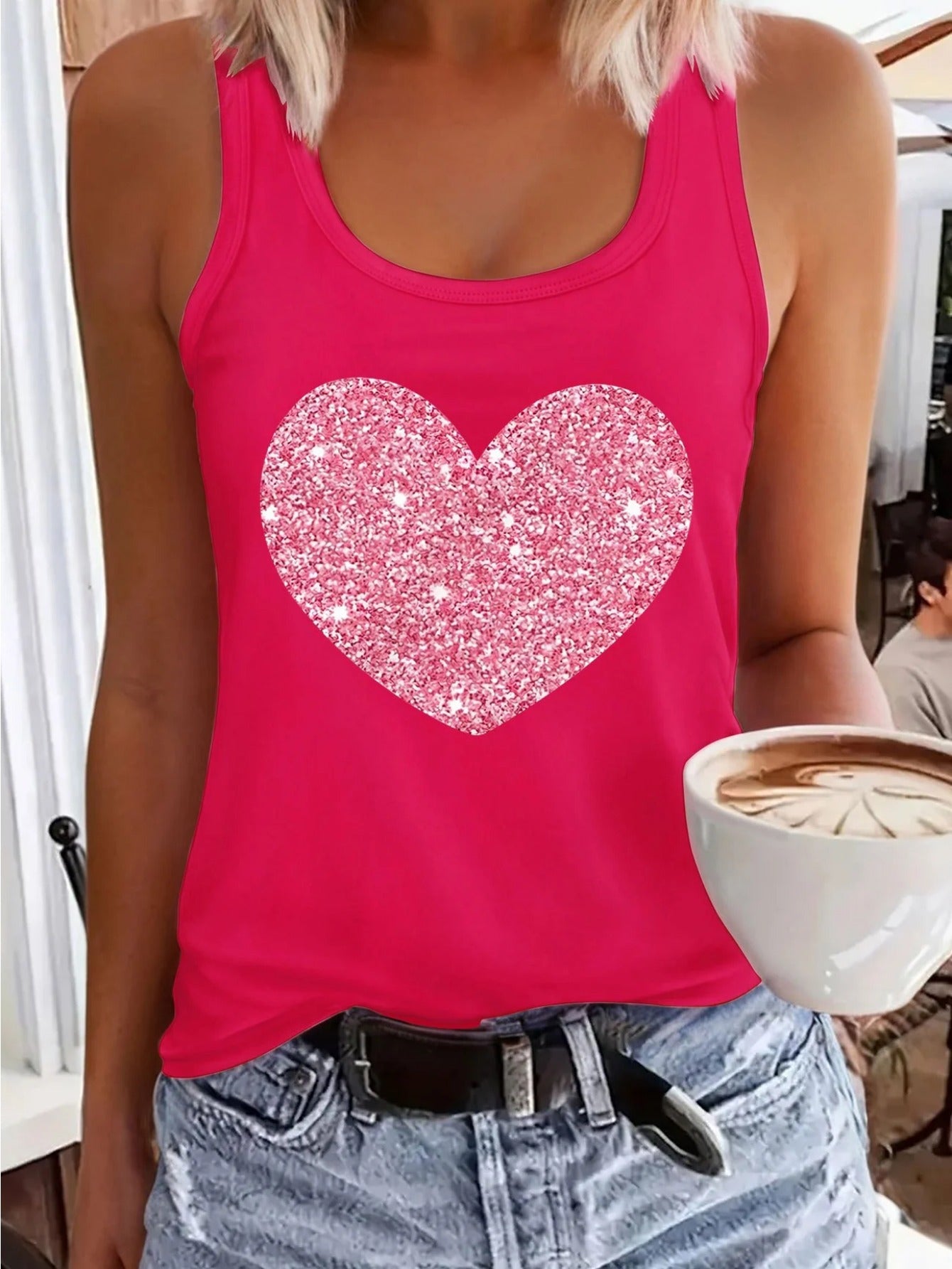 1pc Women's Pink Sleeveless Vest, Sparkling Red Heart And Star Print, Printed Pattern, Non Sequined - Casual Summer And Spring Top, Round Neck, Machine Washable Comfortable Fabric