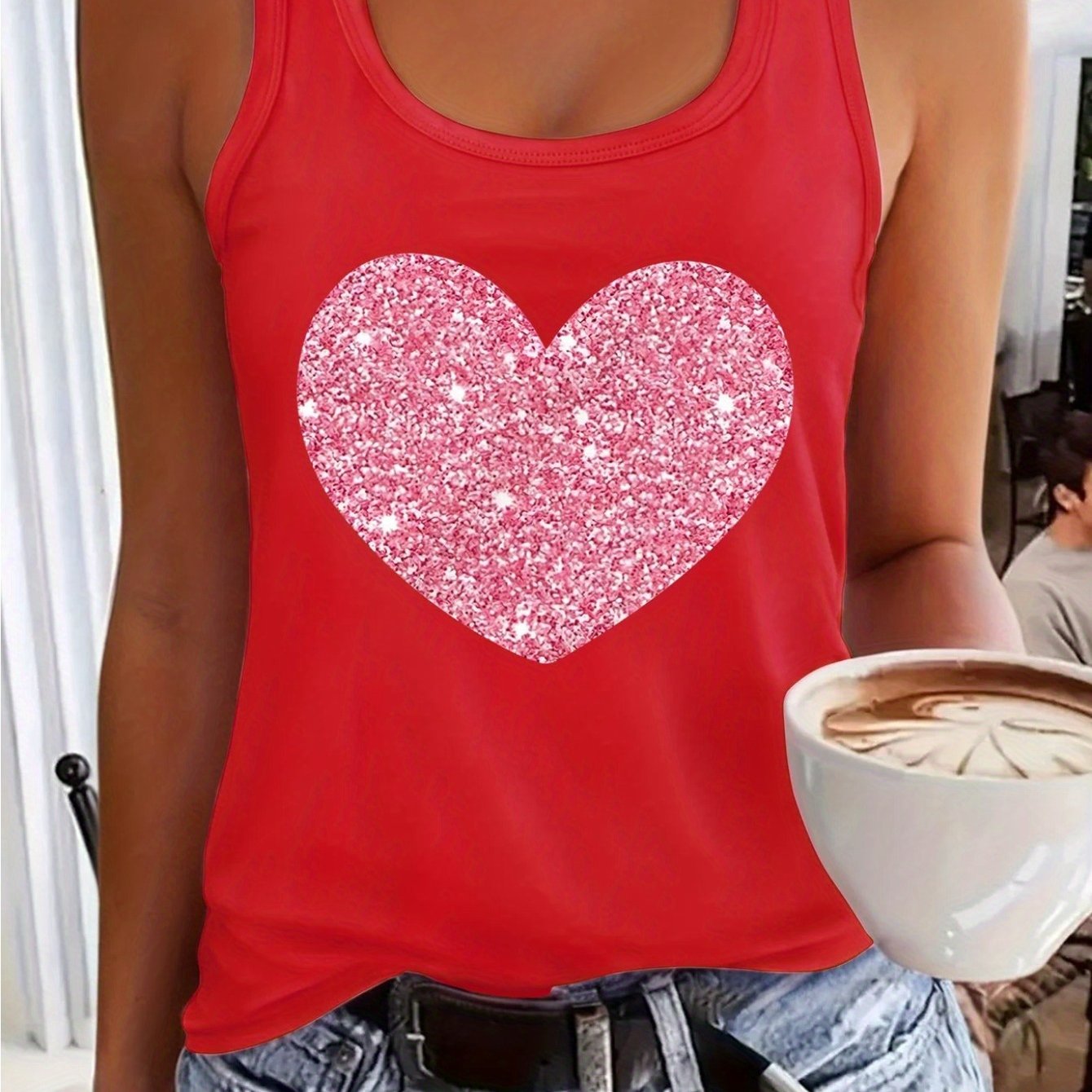 1pc Women's Pink Sleeveless Vest, Sparkling Red Heart And Star Print, Printed Pattern, Non Sequined - Casual Summer And Spring Top, Round Neck, Machine Washable Comfortable Fabric
