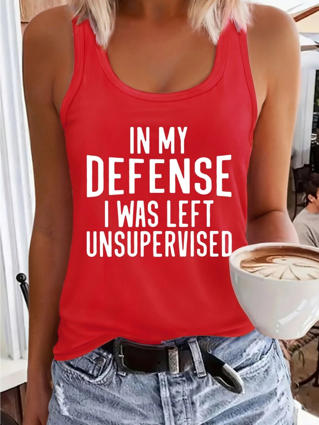 [Vibrant Red Vest] Vibrant Red 1pc Women's Sleeveless Vest "In My Defense I Was Left Unsupervised" | Breathable 180GSM Fabric, Round Neck, Casual Summer Top, Machine Washable, Regular Fit
