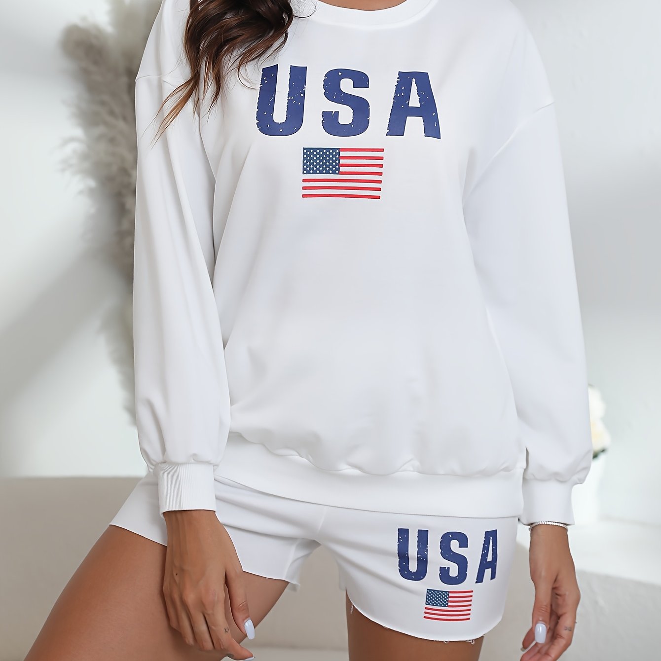 Patriotic USA Flag Women's Sweatshirt and Shorts Outfit Set