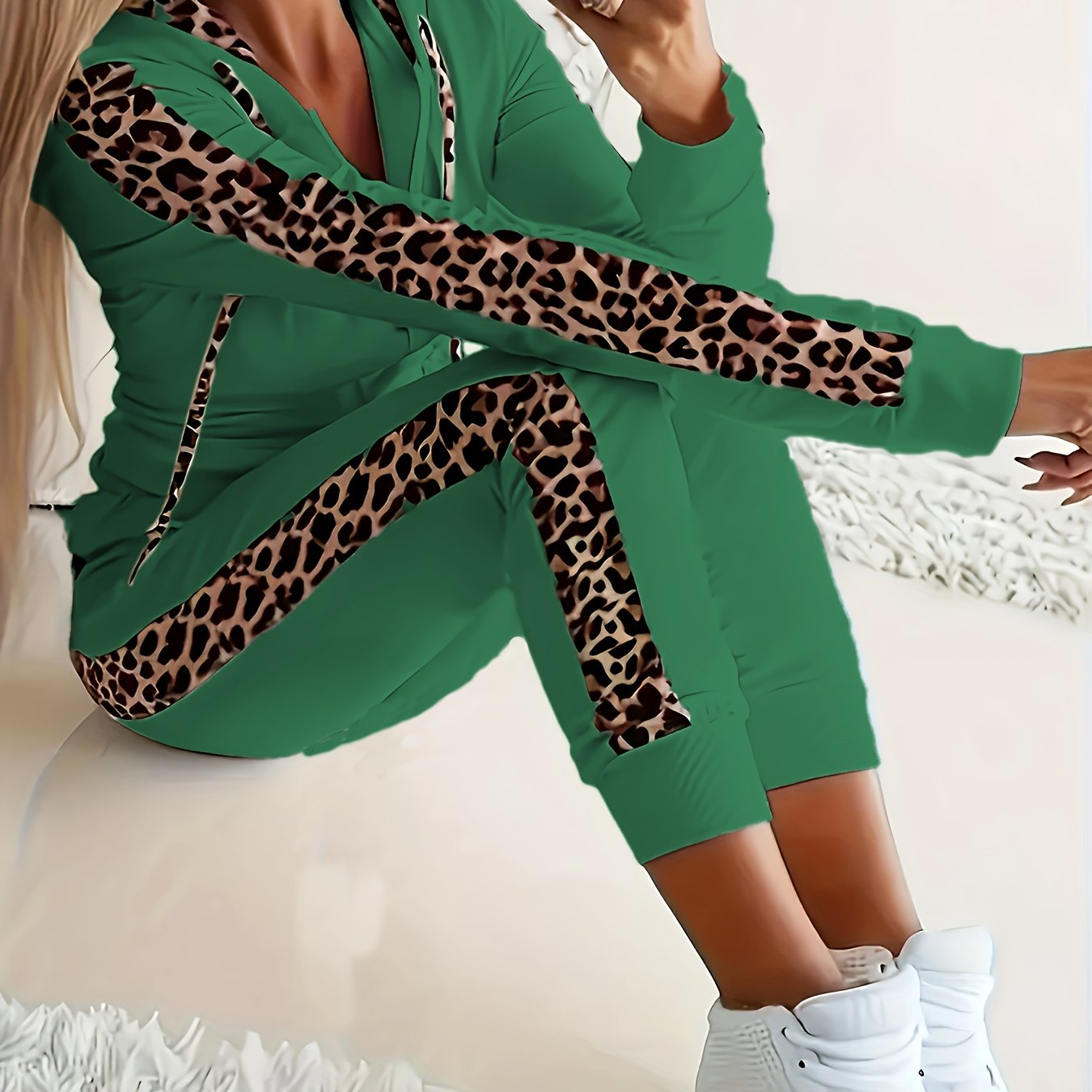 Elegant Leopard Print Two Piece Set With Zip Up Hoodie