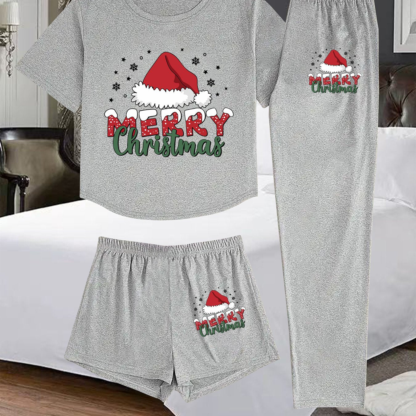 3pcs Women's Christmas Pajama Set - Black & Red Short Sleeve T-Shirt, Shorts & Lounge Pants with White Elastic Waistband - Holiday Sleepwear & Casual Outfit, Machine Washable Spring/Summer Pajamas for & Women