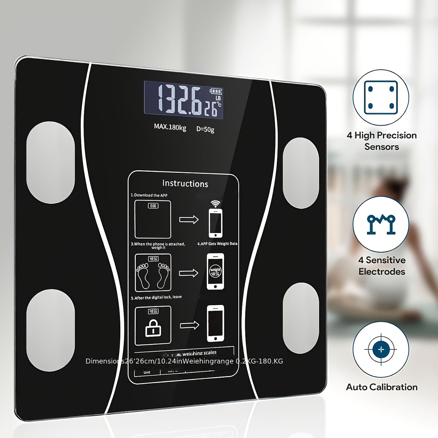 400 Pounds/180 Kilograms Digital Body Scale, Intelligent Bathroom Scale with Backlit LED Display Screen, Sturdy Tempered Glass, Compact Size