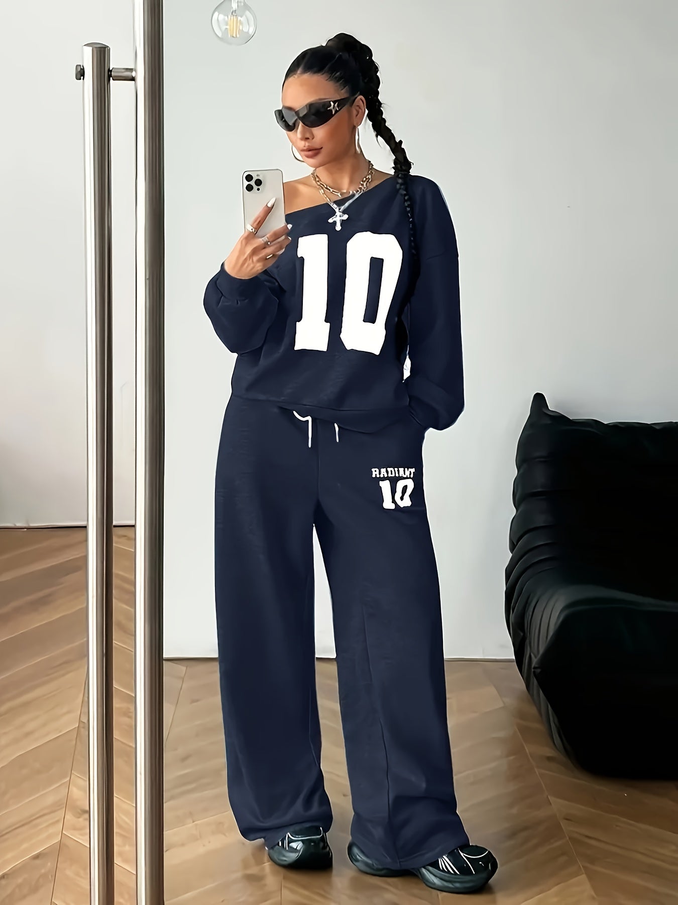 New Women's Two-Piece Set: Fashion Casual Thickened Loose Round Neck Minimalist Digital Print T-Shirt & Pants with Off-Shoulder Sweatshirt + Lace Drawstring Long Joggers
