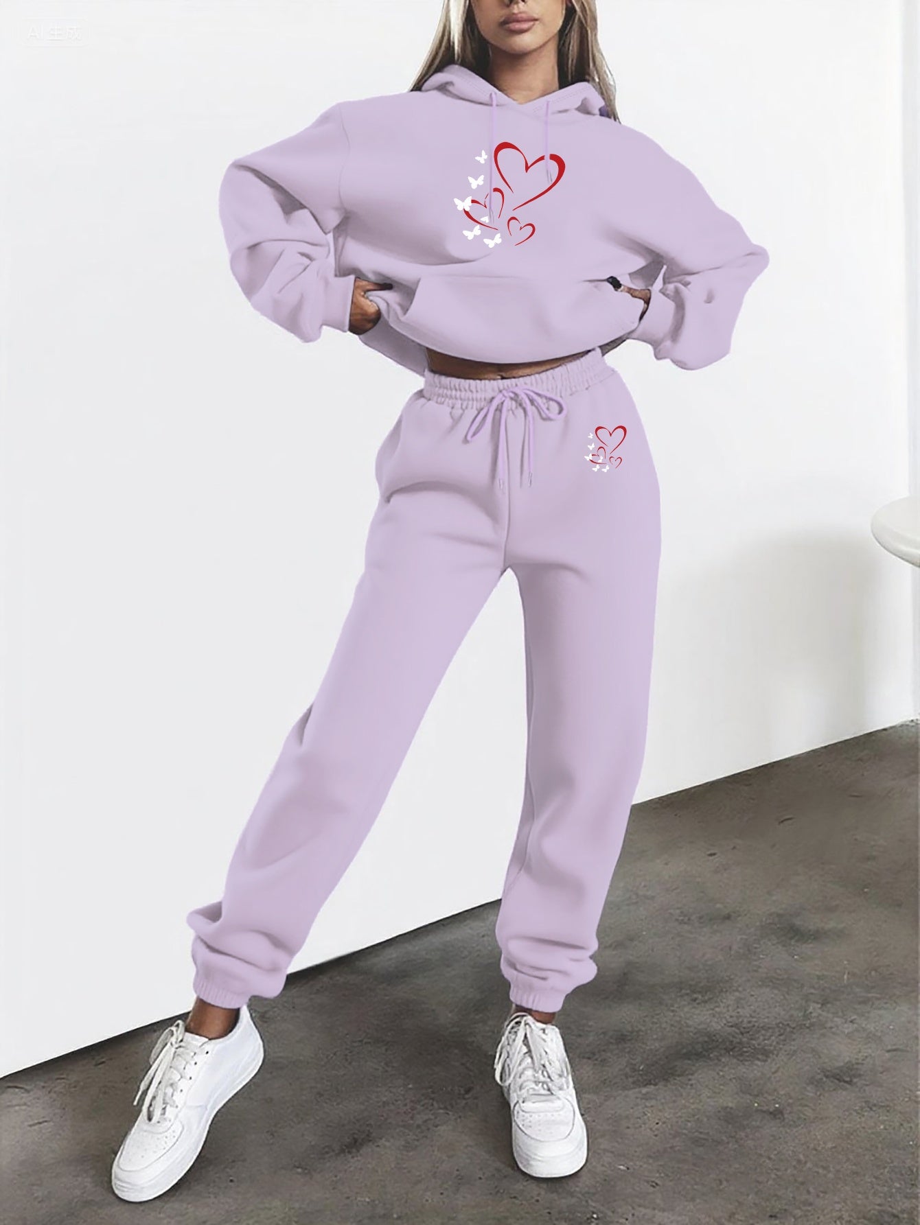 Heart And Butterfly Print Hooded Sweatshirt And Pants Set