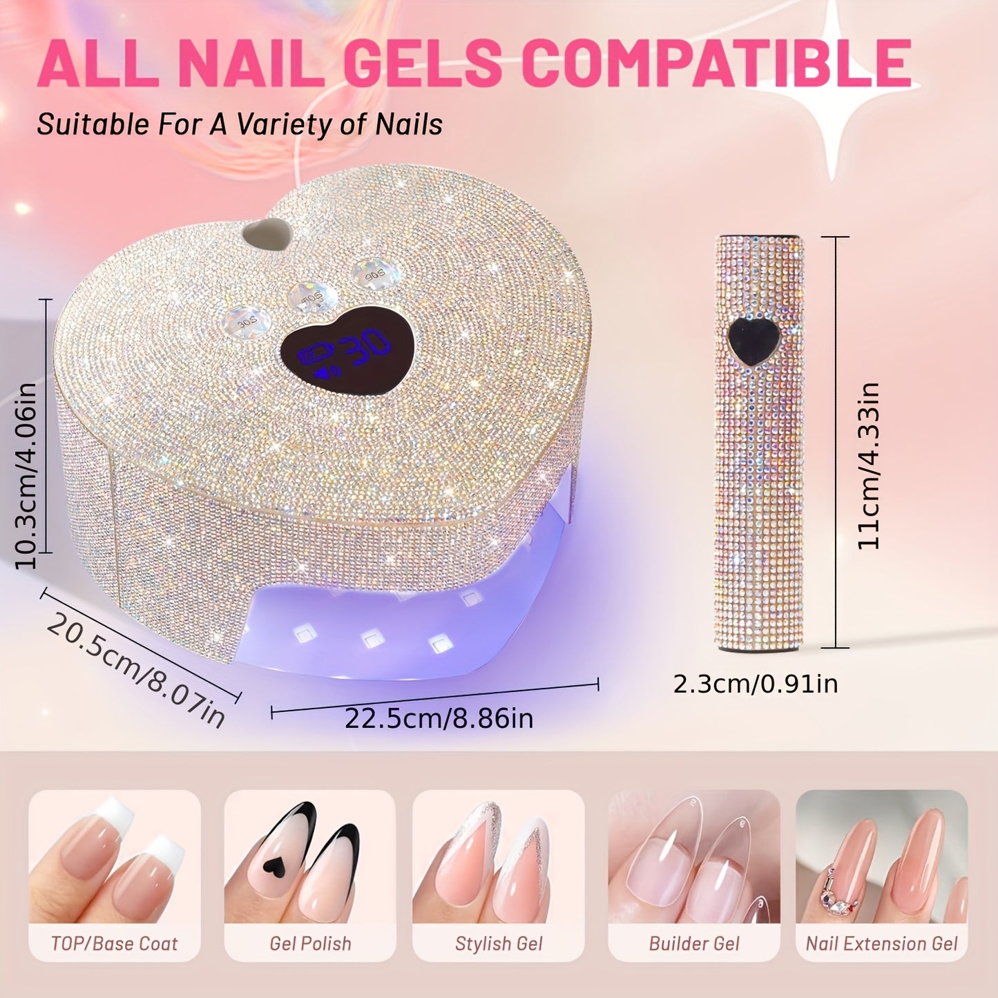 86W Cordless LED Nail Lamp with A Handheld Nail Lamp, 4 Timer Setting Touch Control & Auto Sensor for Gel Nail Polish with Sparkling Nail Rhinestones, with Heart Shape