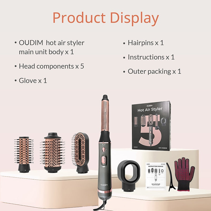5-in-1 Hot Air Comb Set with Negative Ion Technology - Hair Dryer, Massage Straightening Comb, Round Curling Iron & Oval Styling Comb, Interchangeable Heads